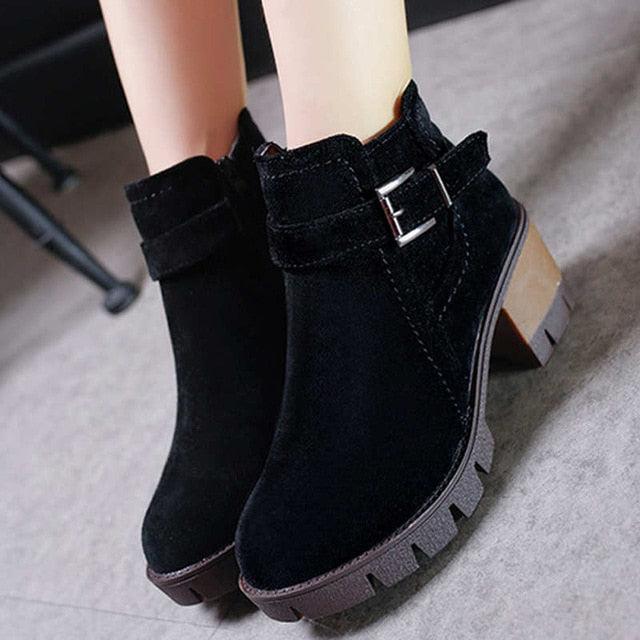 Ankle Buckle Suede Casual Platform Med Heels Shoes