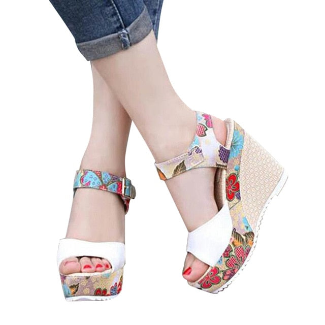 2019 Spring Florral Print Wedges Heel shoes